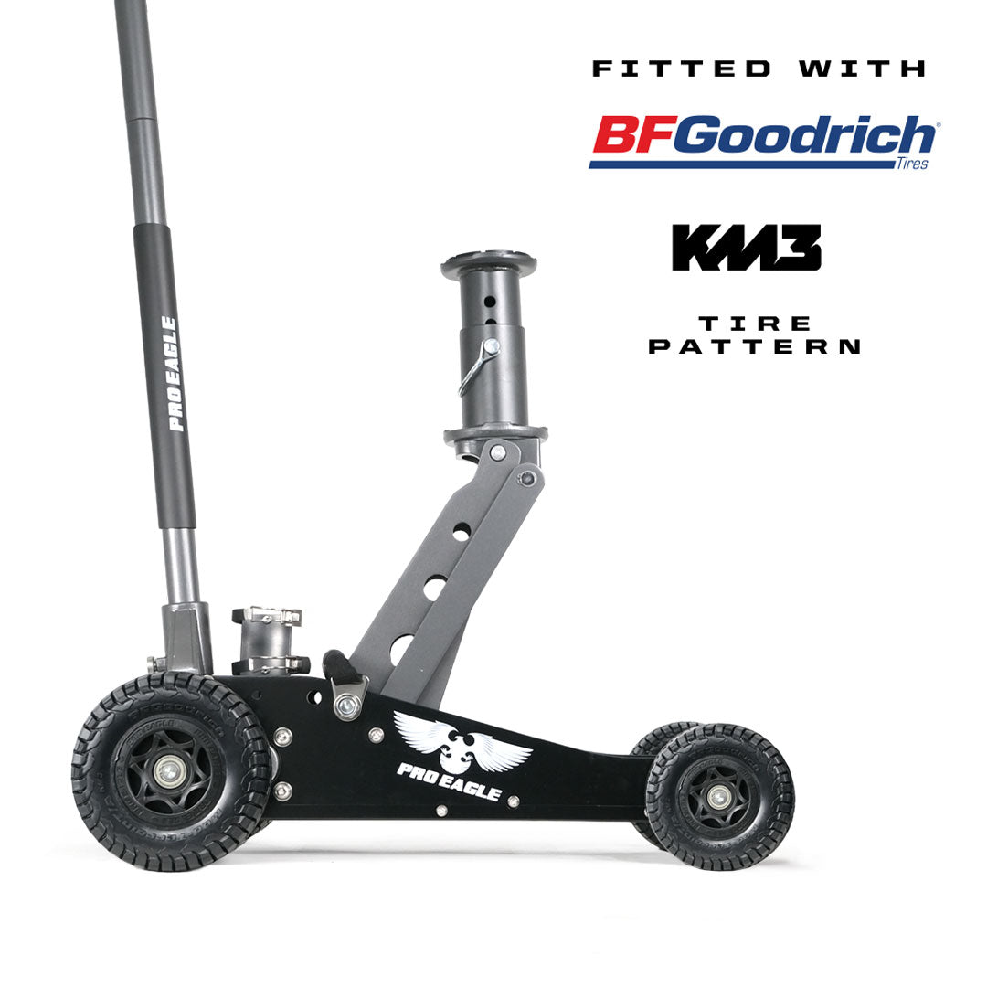 Off-road jack labeled "The Beast," with large wheels and Pro Eagle branding, fitted with BFGoodrich KM3 tire pattern.