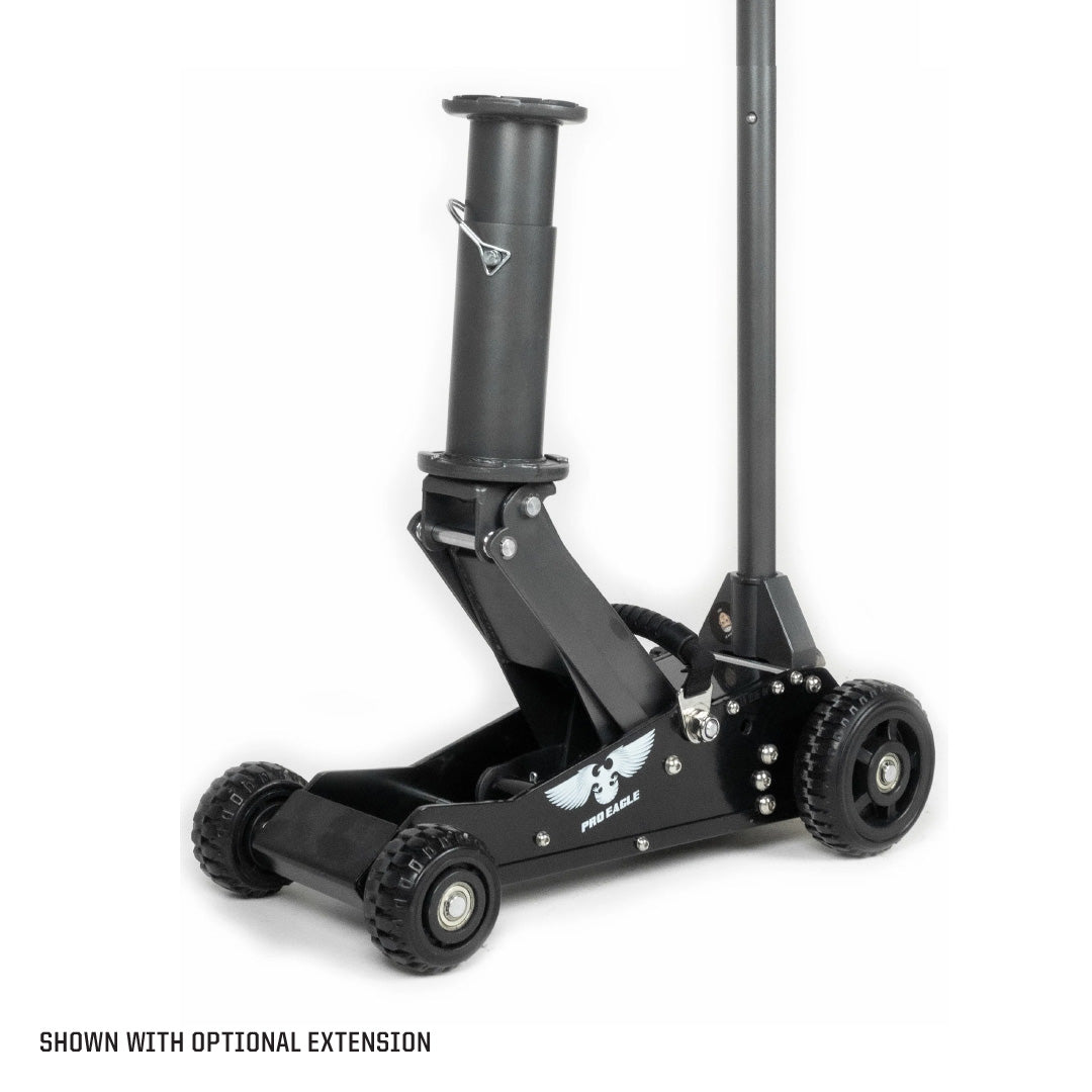 Black 1.5 Ton Big Wheel Off Road Jack "Talon" with an optional extension, featuring rugged tires.