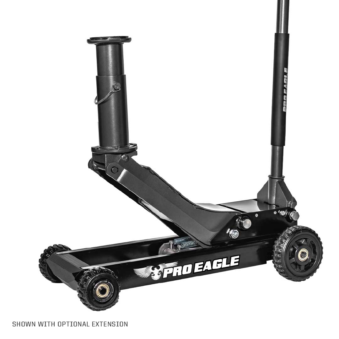 Black Pro Eagle 3 Ton off-road shop jack with optional height extension and rugged wheels