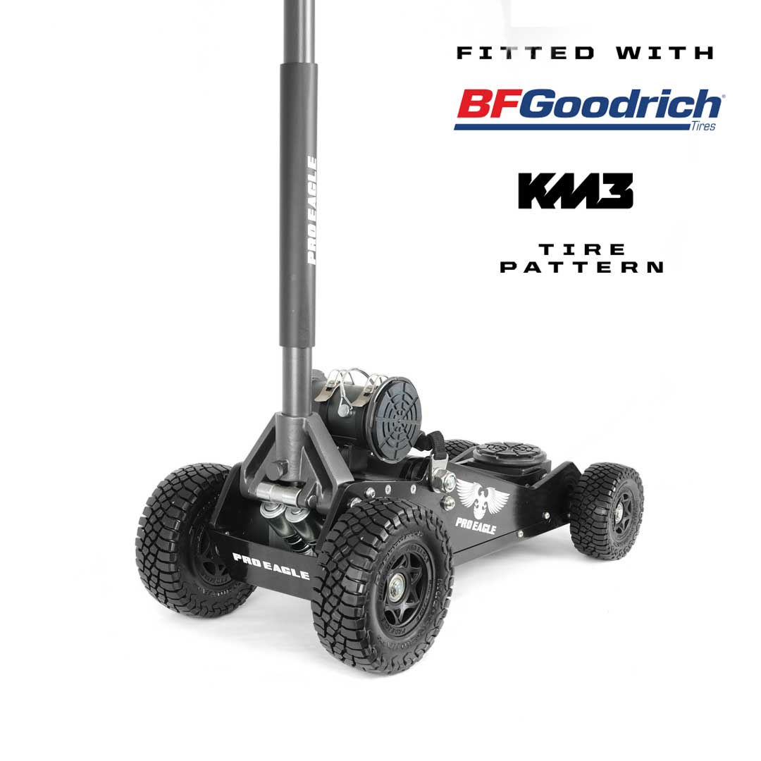 Pro Eagle 3 Ton Big Wheel Off Road Jack "Kratos" with large BFGoodrich KM3 tire tread on wheels.