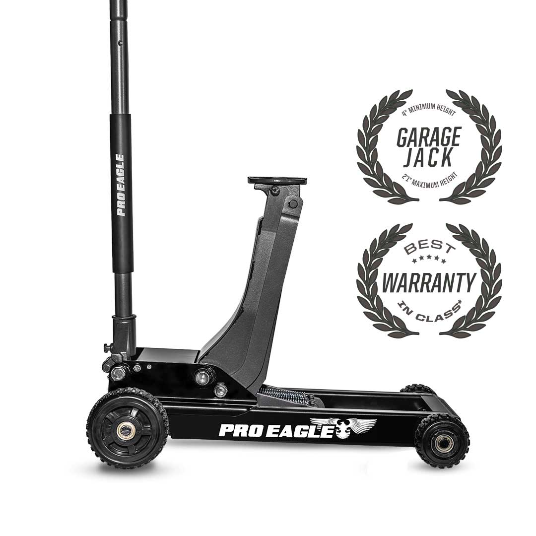 Black 3 Ton Pro Eagle off-road shop jack with extendable handle and all-terrain wheels.